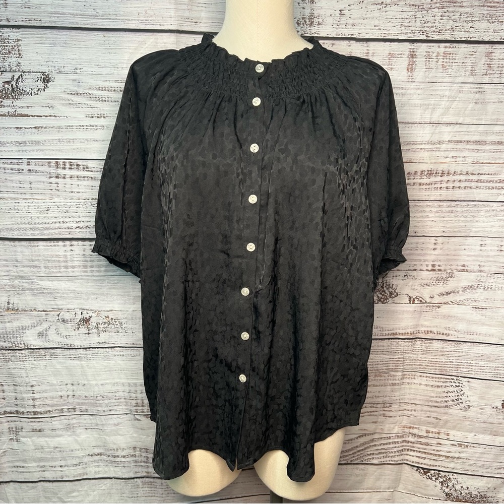 Adyson Parker XL Smock Neck Jacquard Blouse Black Short Puff Sleeves‎